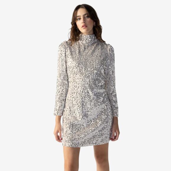 Sanctuary Women’s Dress Small Night Luxe Party Mini Sequin Long Sleeve Mock Neck - Picture 1 of 15